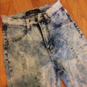 Distressed acid wash high waisted jeans